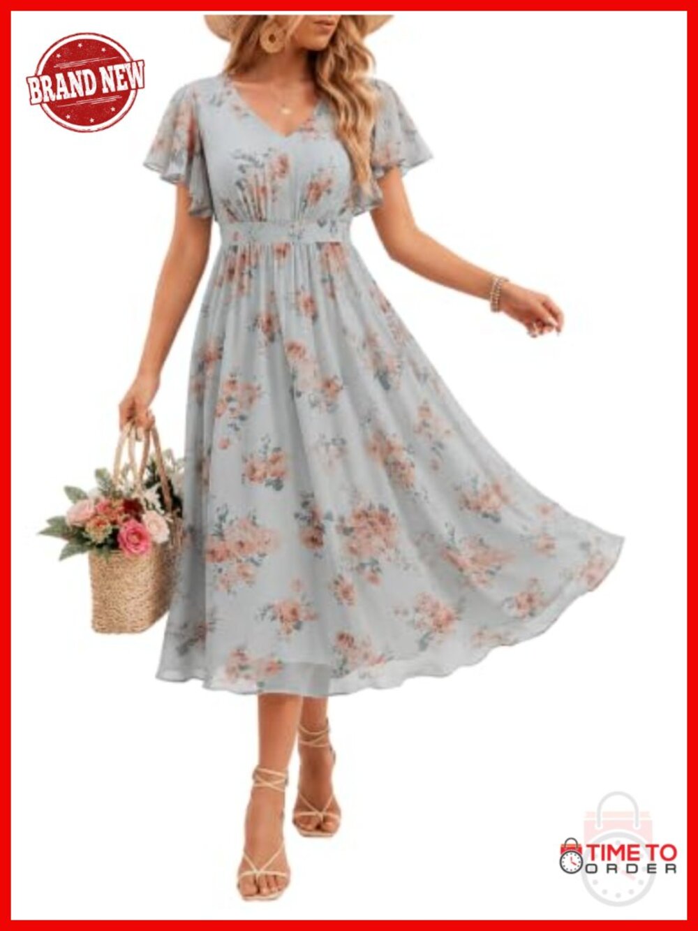 Womens Chiffon Midi Wedding Guest Dress Ruffle Sleeve Semi Formal